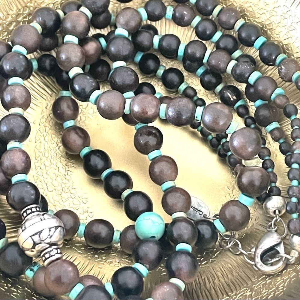 Coldwater creek triple strand wood bead and turquoise necklace - Picture 2 of 10